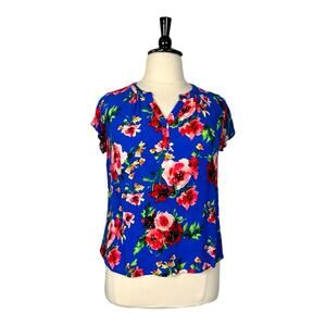 Papermoon Top V-neck Short Sleeves Gauze Blue Pink Floral Women’s Plus Size 2XL
